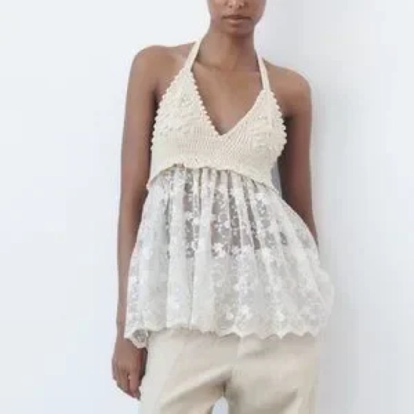 Zara Tops - ZARA Cream Embroidered and Lace Crochet Halter Top Size Small